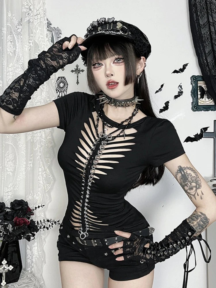 Visual Kei Slashed Fishbone Ring & Safety Pin Cutout Black Tee Shoptery