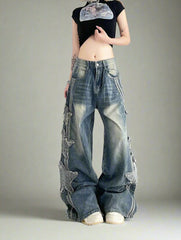 Y2k Star Patch Baggy Jeans Blue Shoptery