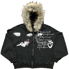 Serenity Sins Graphic Fur Hoodie Black Shoptery