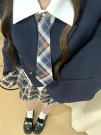 Jirai Kei Navy Blazer Plaid Pleated Skirt School Uniform Set Shoptery