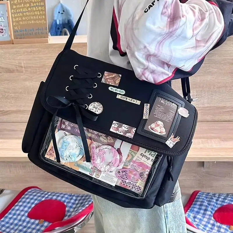Jirai Kei Black Lace-Up Ita Messenger Bag with Clear Window Shoptery