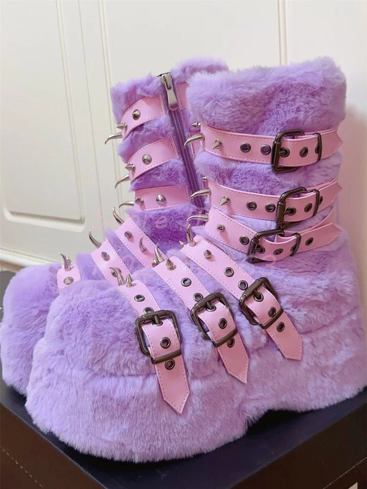 Jirai Kei Pastel Faux Fur Platform Boots with Spiked Buckle Straps Shoptery