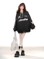 Kawaii Starwish Satin Bomber Jacket black Shoptery
