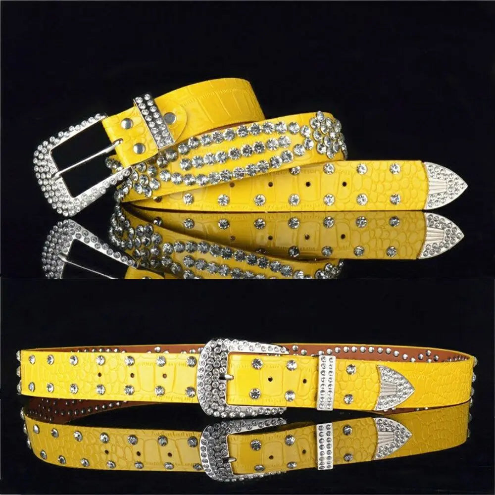 Gyaru Leopard Print Rhinestone Crystal Studded Belt yellow-110X3.3CM Shoptery