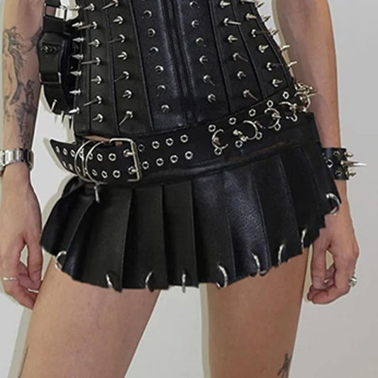Visual Kei Spiked PU Leather Corset & Pleated Mini Skirt Set Shoptery