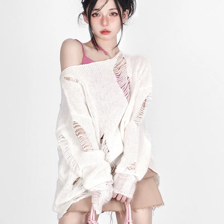 Shattered Threads Y2k Distressed Sweater WHITE One Size Shoptery