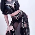 Visual Kei Sheer Mesh Eyelet Maxi Skirt with Chain Belt Shoptery