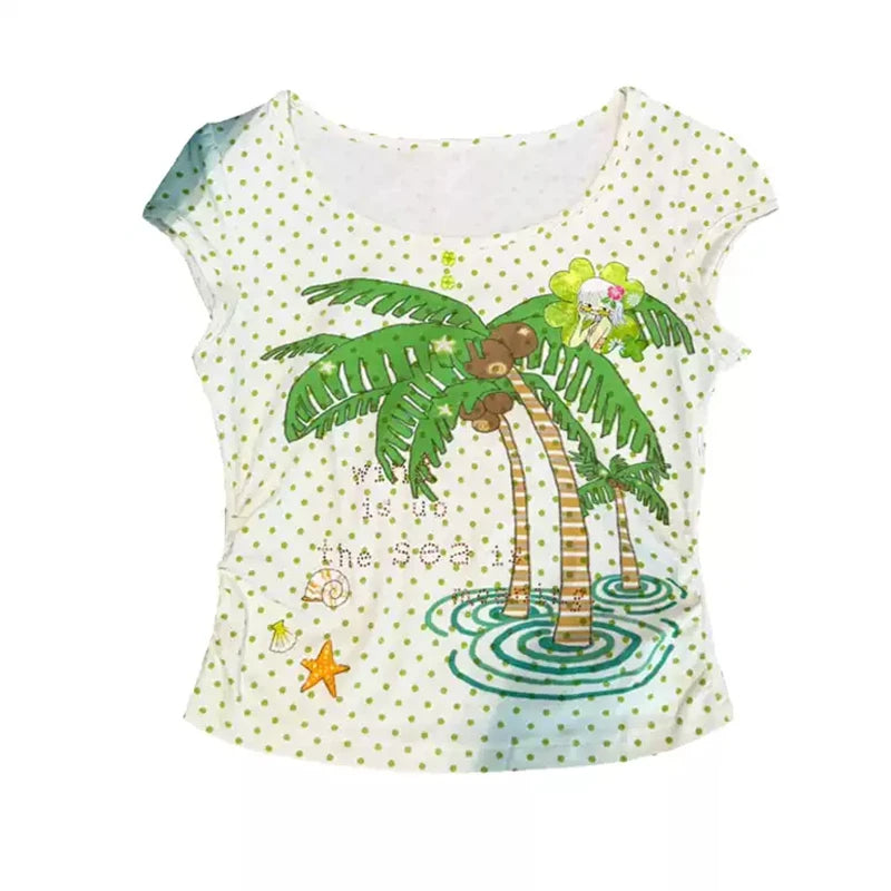 Gyaru Tropical Polka Dot Graphic Baby Tee with Studded Belt white Shoptery Main image
