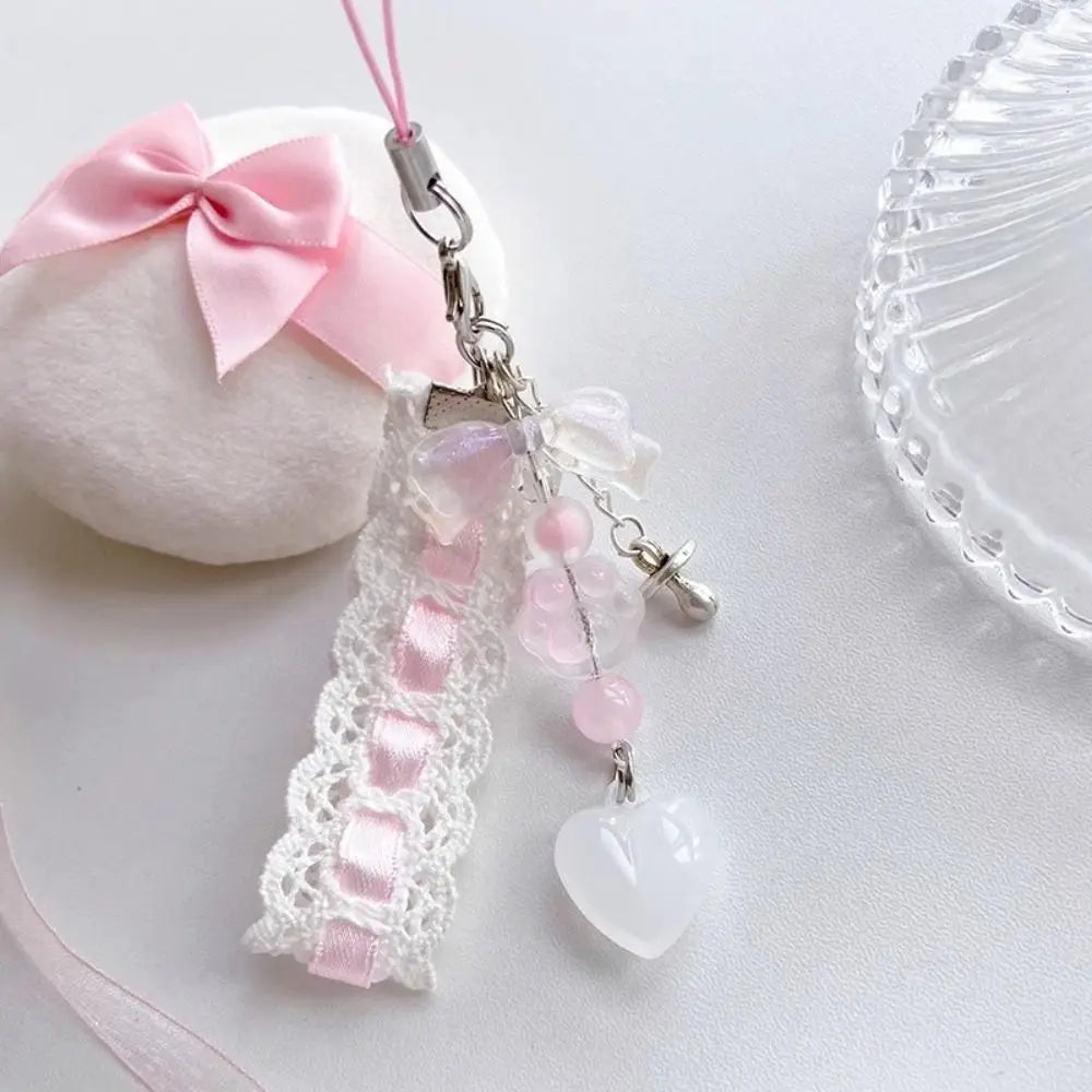 Fairy Kei White Lace Heart & Flower Bead Phone Strap Charm Shoptery
