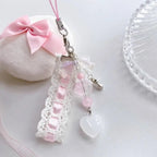 Fairy Kei White Lace Heart & Flower Bead Phone Strap Charm Shoptery