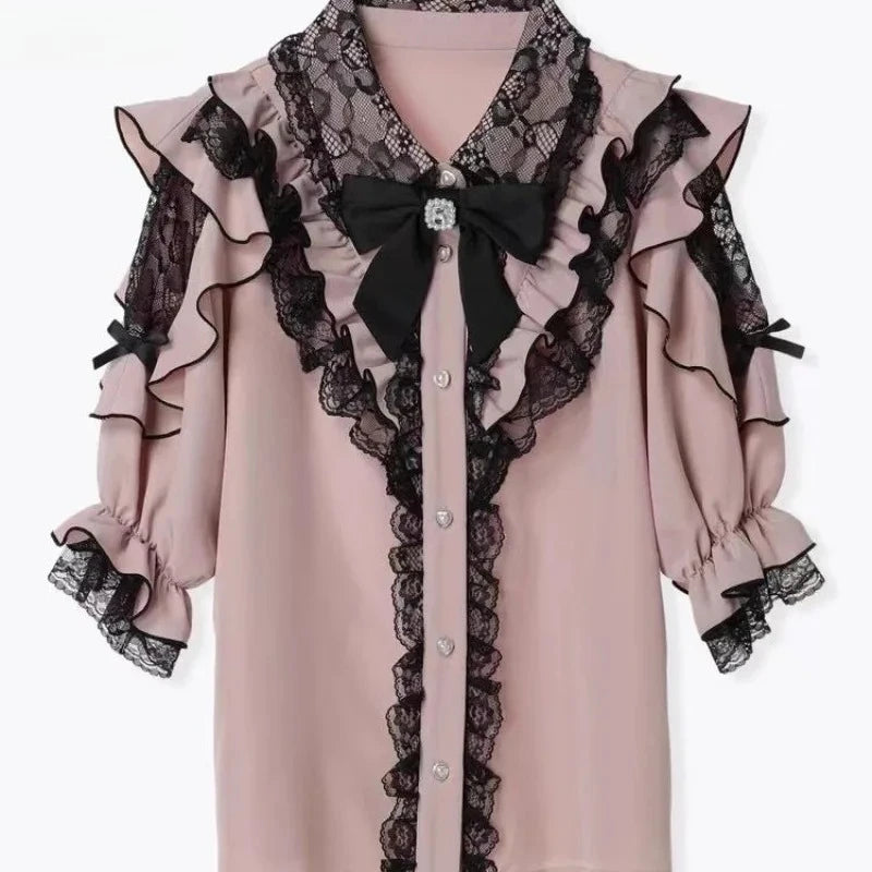 Jirai Kei Black Lace Ruffle Bow Button-Up Blouse 7024 Pink Shoptery