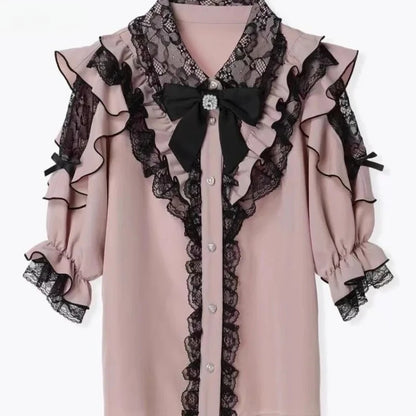 Jirai Kei Black Lace Ruffle Bow Button-Up Blouse 7024 Pink Shoptery