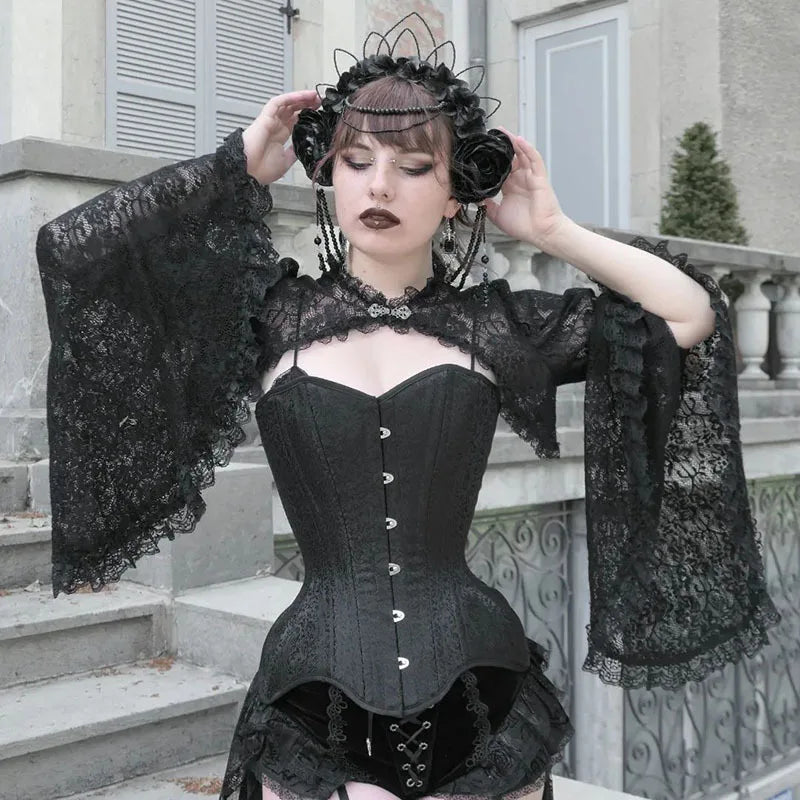 Visual Kei Black Brocade Corset Set with Lace Bell Sleeves & Floral Crown Shoptery