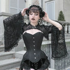 Visual Kei Black Brocade Corset Set with Lace Bell Sleeves & Floral Crown Shoptery