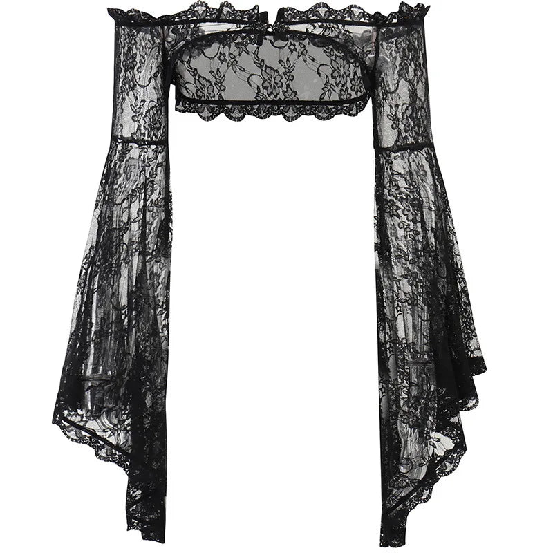 Jirai Kei Black Lace Bell Sleeve Crop Top & Velvet Shorts Set black Shoptery