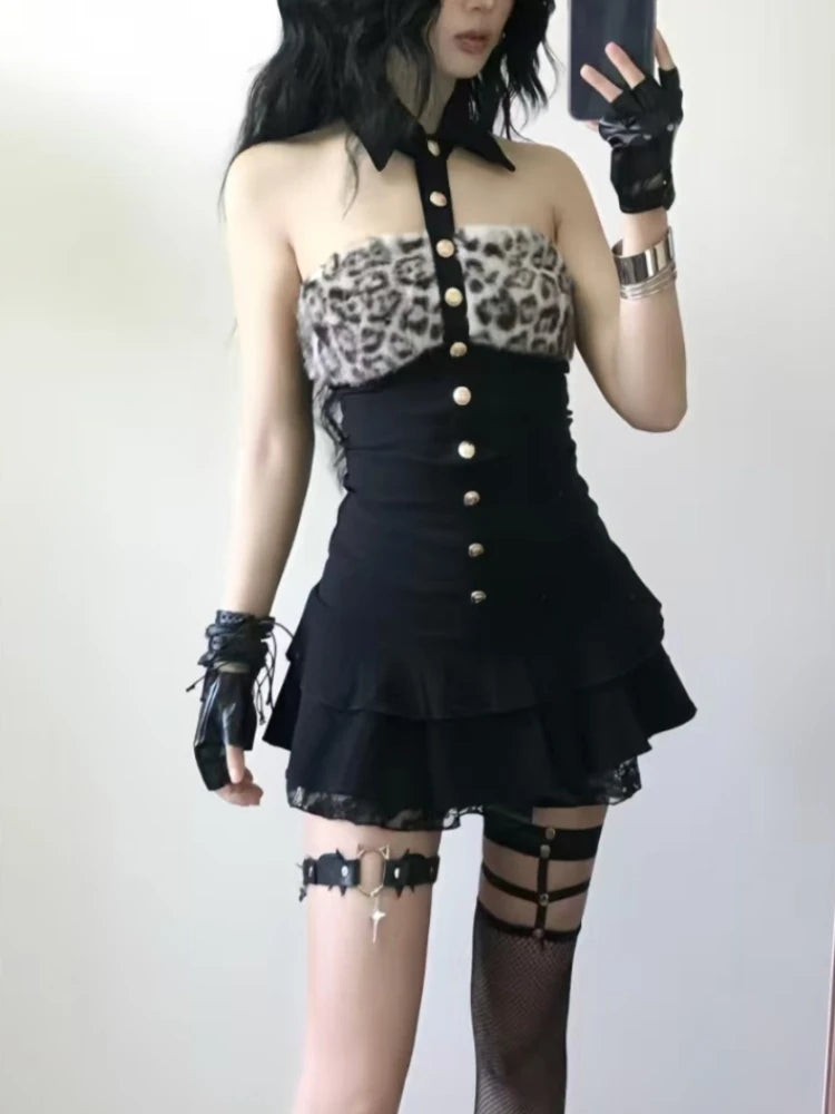 Gyaru Leopard Faux Fur Halter Mini Dress with Lace Ruffle Hem Shoptery