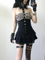 Gyaru Leopard Faux Fur Halter Mini Dress with Lace Ruffle Hem Shoptery