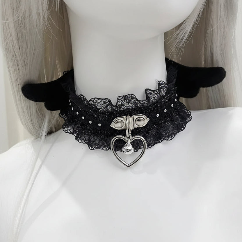 Jirai Kei White Lace Choker with Heart Bell Pendant & Angel Wings black 30cm Shoptery