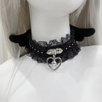 Jirai Kei White Lace Choker with Heart Bell Pendant & Angel Wings black 30cm Shoptery
