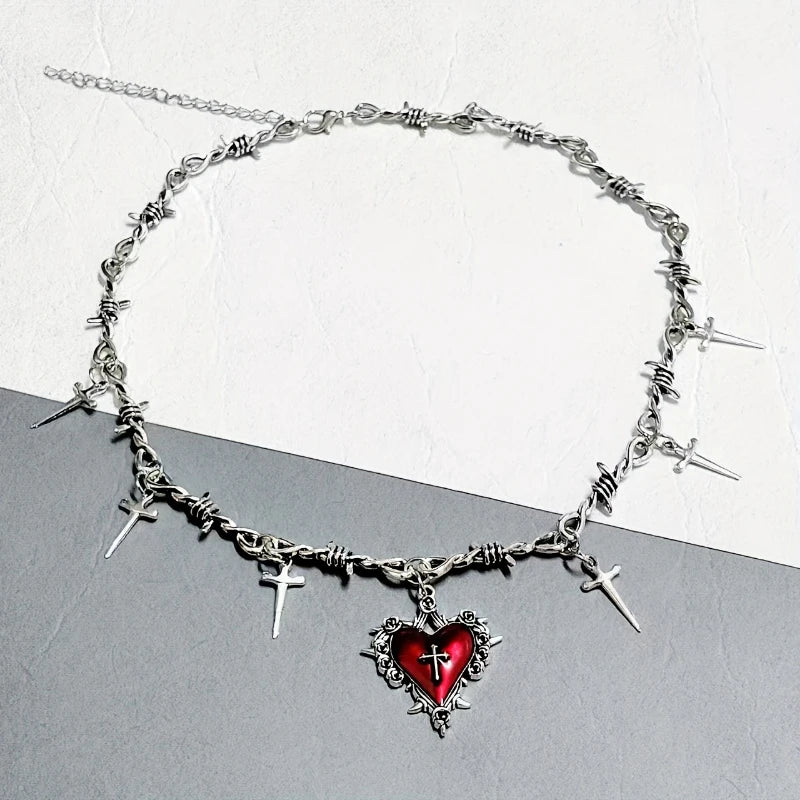 Visual Kei Barbed Wire Dagger Charm Sacred Heart Cross Necklace Shoptery