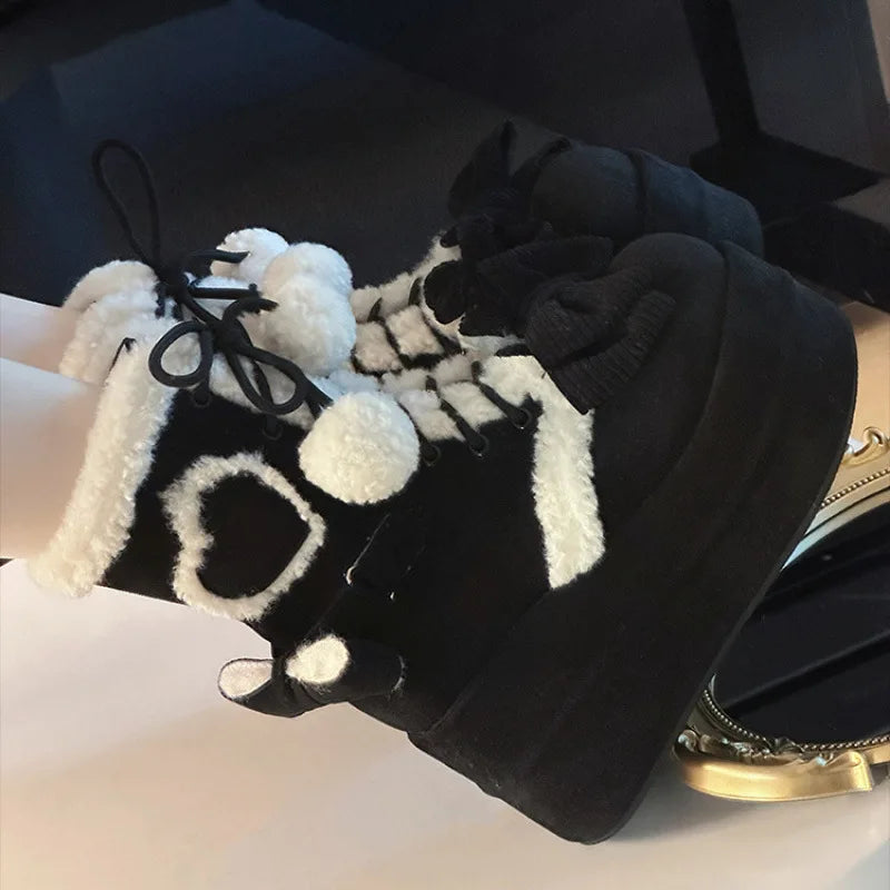 Jirai Kei Fluffy Heart Platform Snow Boots with Pom-Pom Laces black Shoptery