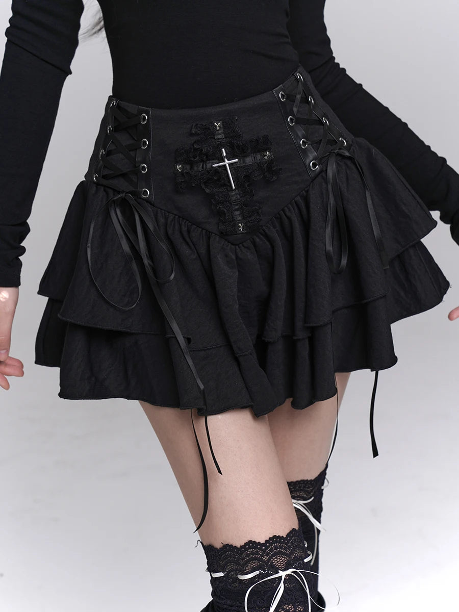 Visual Kei Cross Emblem Lace-Up Layered Ruffle Mini Skirt Shoptery