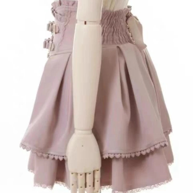 Jirai Kei Cold Shoulder Lace Blouse & Buckle High Waist Tiered Skirt Set Shoptery