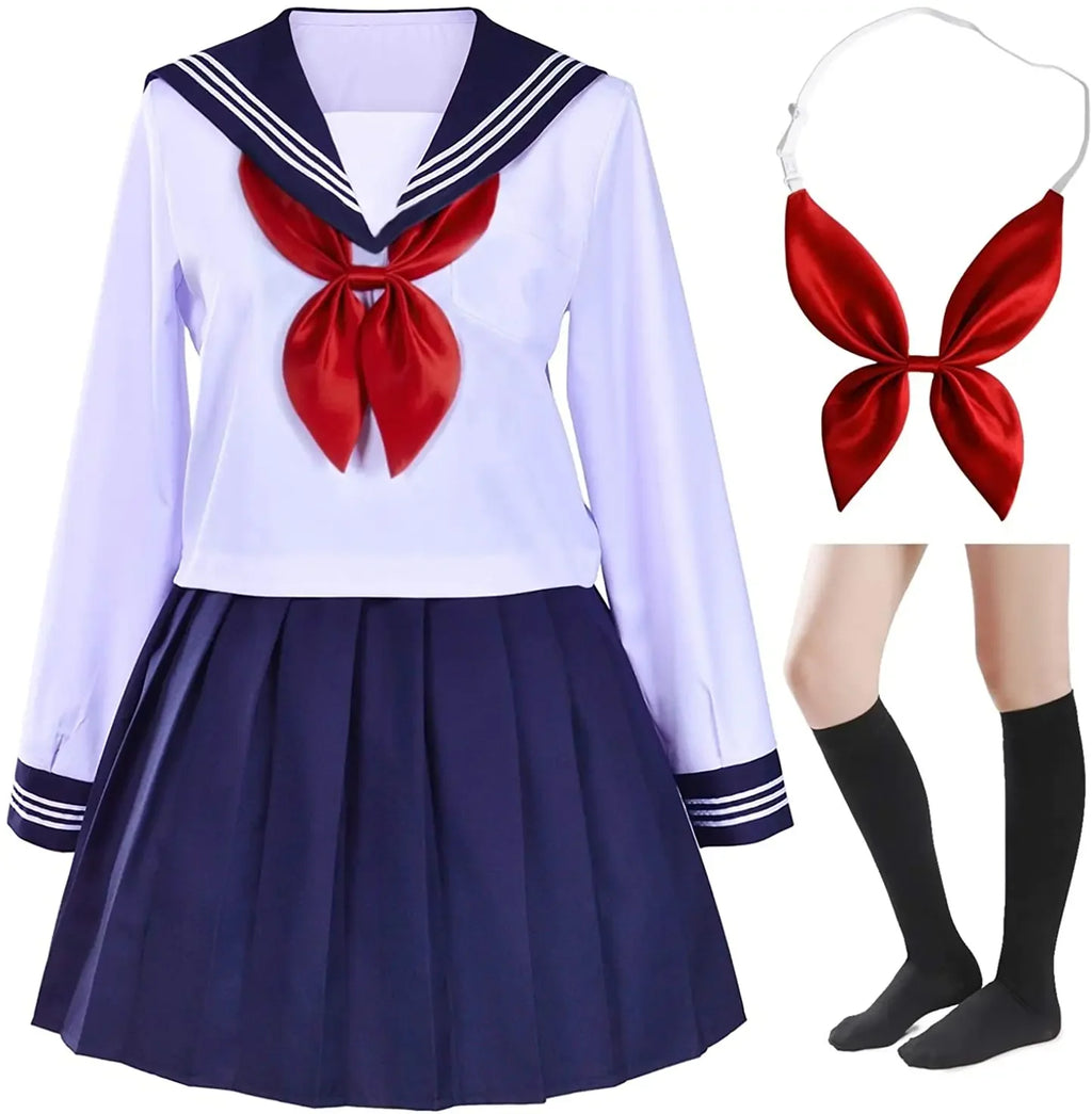 Jirai Kei Dark Sailor Uniform Pleated Dress & Striped OTK Socks Set White(long-sleeved) Shoptery