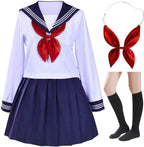 Jirai Kei Dark Sailor Uniform Pleated Dress & Striped OTK Socks Set White(long-sleeved) Shoptery