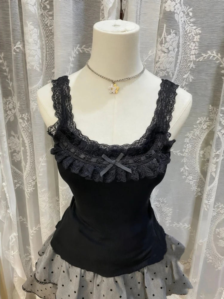 Jirai Kei Black Ribbed Lace Trim Bow Camisole Top with Tulle Skirt Shoptery