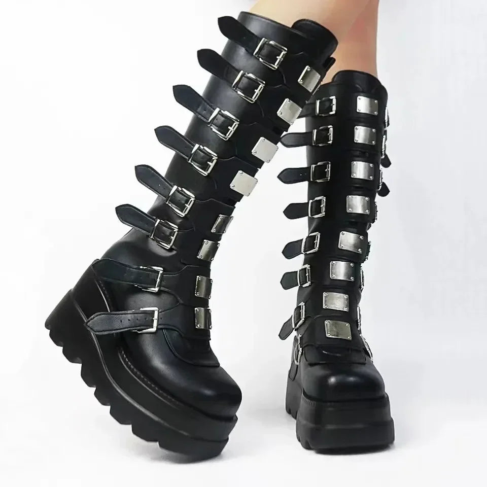 Visual Kei White Platform Knee-High Buckle Strap Boots Shoptery