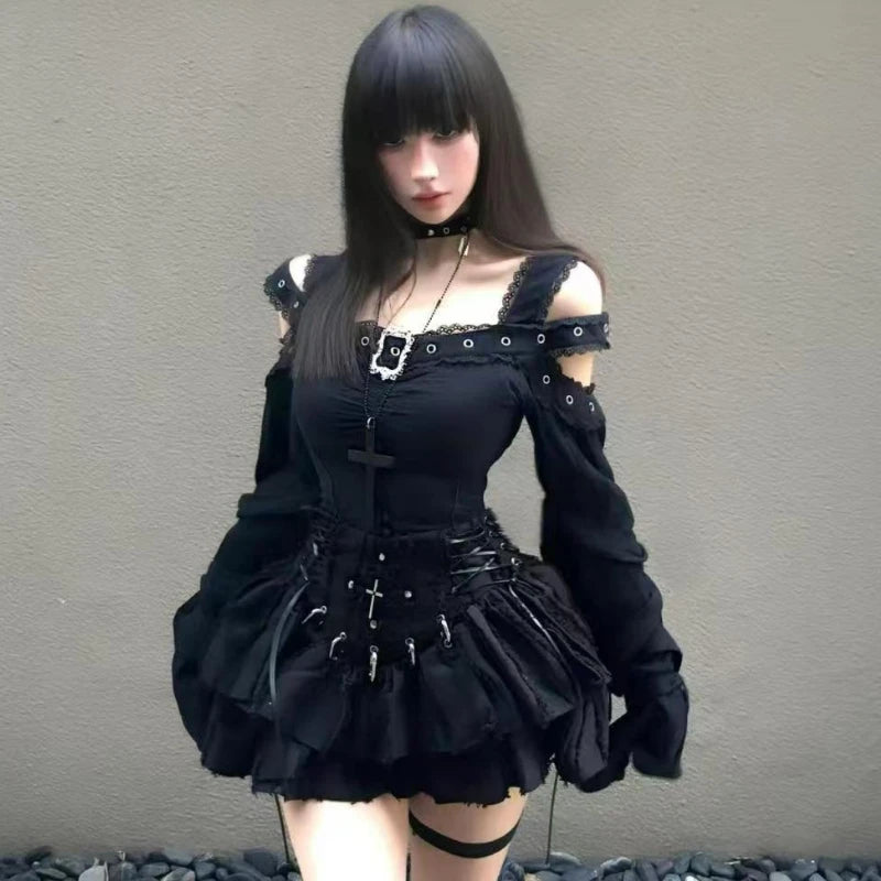 Jirai Kei Black Gothic Cross Lace Cold-Shoulder Mini Dress Set - Shoptery Jirai Kei Black Gothic Cross Lace Cold-Shoulder Mini Dress Set - Shoptery