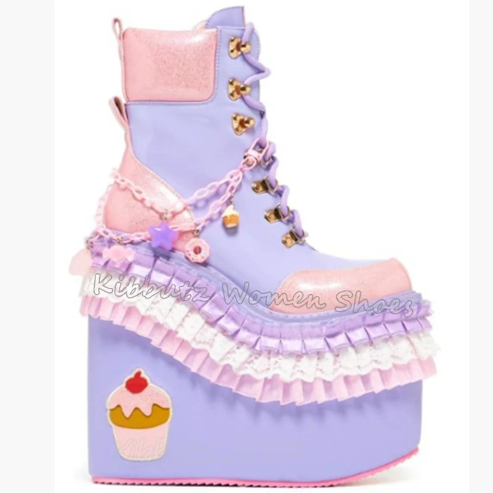 Fairy Kei Cupcake Platform Lace-Up Ankle Boots with Lace Frills as pic China Mainland Shoptery