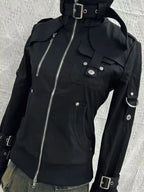 Visual Kei Multi-Buckle Black Bomber Jacket with Military Detail B Shoptery