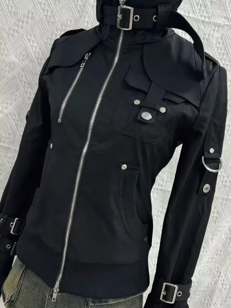 Visual Kei Multi-Buckle Black Bomber Jacket with Military Detail B Shoptery