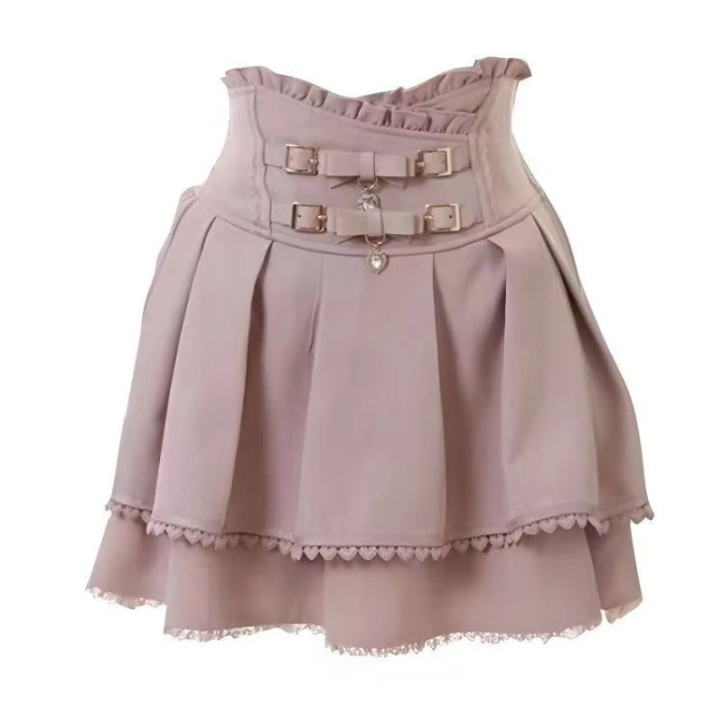 Jirai Kei Cold Shoulder Lace Blouse & Buckle High Waist Tiered Skirt Set Pink Skirt Only Shoptery