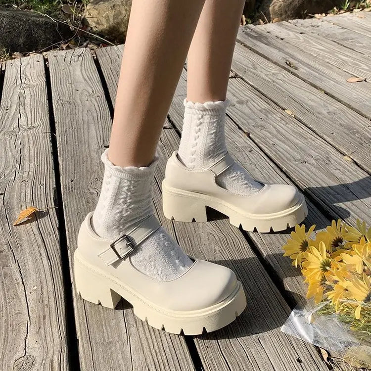 Jirai Kei Lace Frill Bow Heart-Buckle Platform Mary Jane Shoes Bright beige Shoptery
