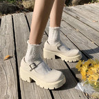Jirai Kei Lace Frill Bow Heart-Buckle Platform Mary Jane Shoes Bright beige Shoptery