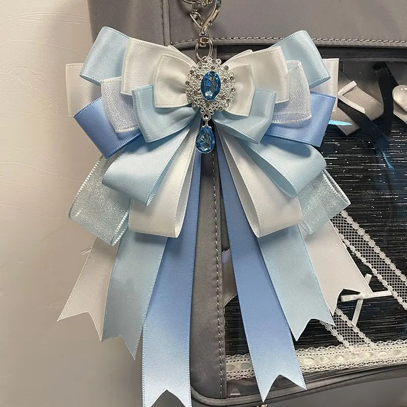 Fairy Kei Layered Satin Bow Charm Pendant with Crystal Jewel Shoptery