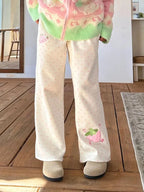 Fairy Kei Pastel Polka Dot Strawberry Embroidery Wide-Leg Pants Shoptery