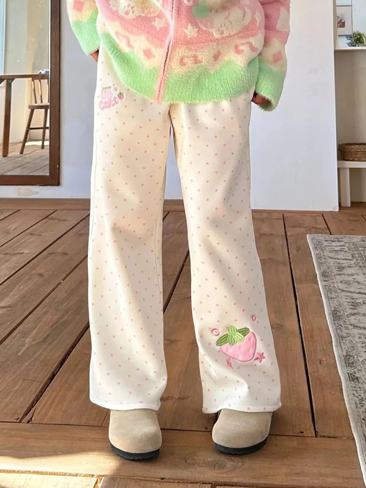 Fairy Kei Pastel Polka Dot Strawberry Embroidery Wide-Leg Pants Shoptery