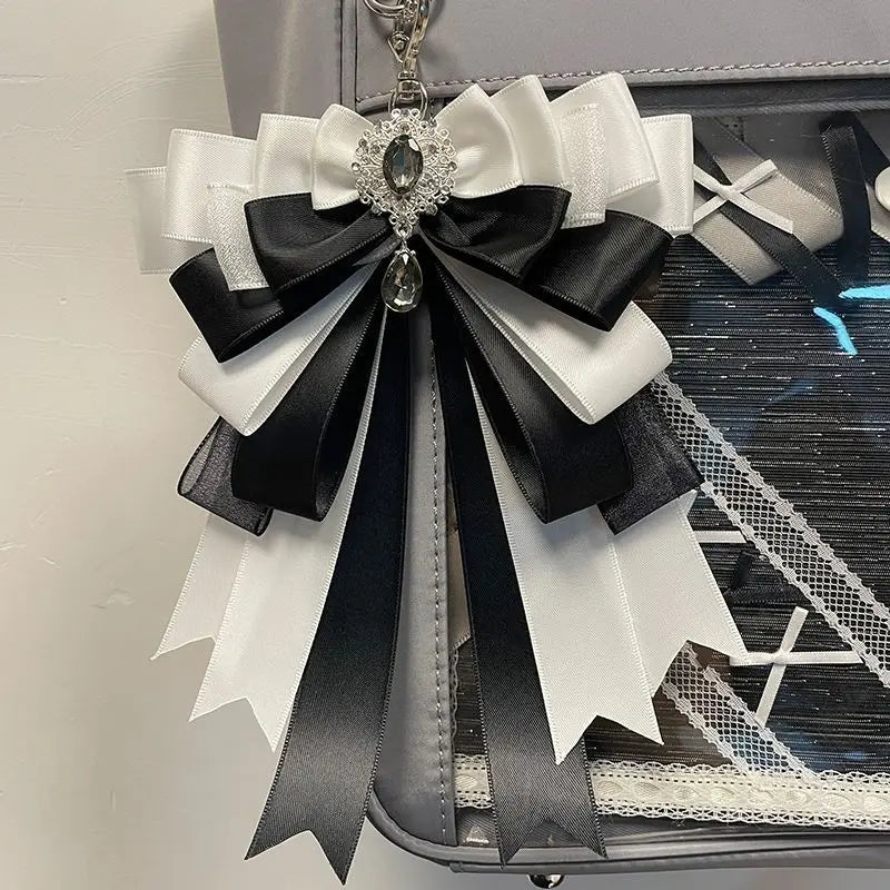 Fairy Kei Layered Satin Bow Charm Pendant with Crystal Jewel Black Shoptery