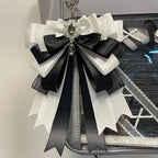 Fairy Kei Layered Satin Bow Charm Pendant with Crystal Jewel Black Shoptery