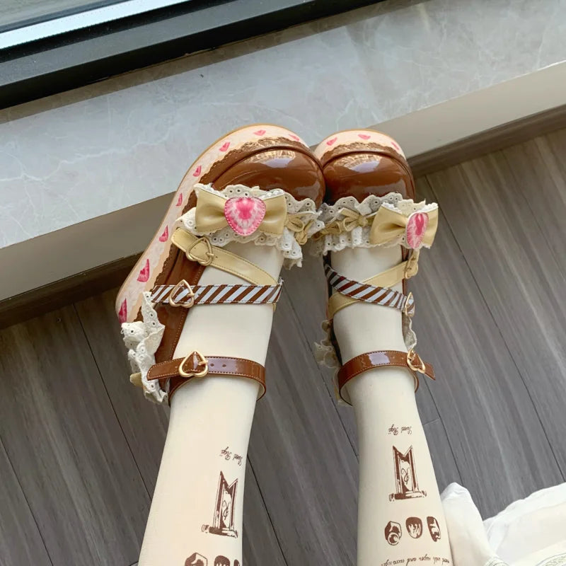 Fairy Kei Sweet Lace Bow Heart Platform Mary Jane Shoes Chocolate Shoptery