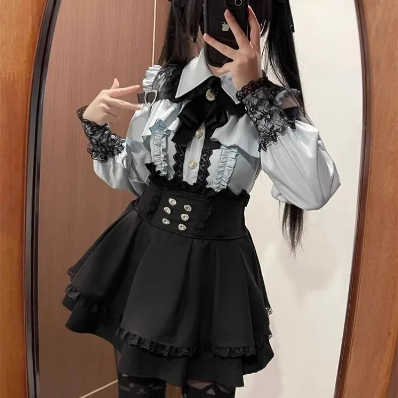 Jirai Kei Red Ruffle Blouse & Black Pleated Skirt Gothic Set Shoptery
