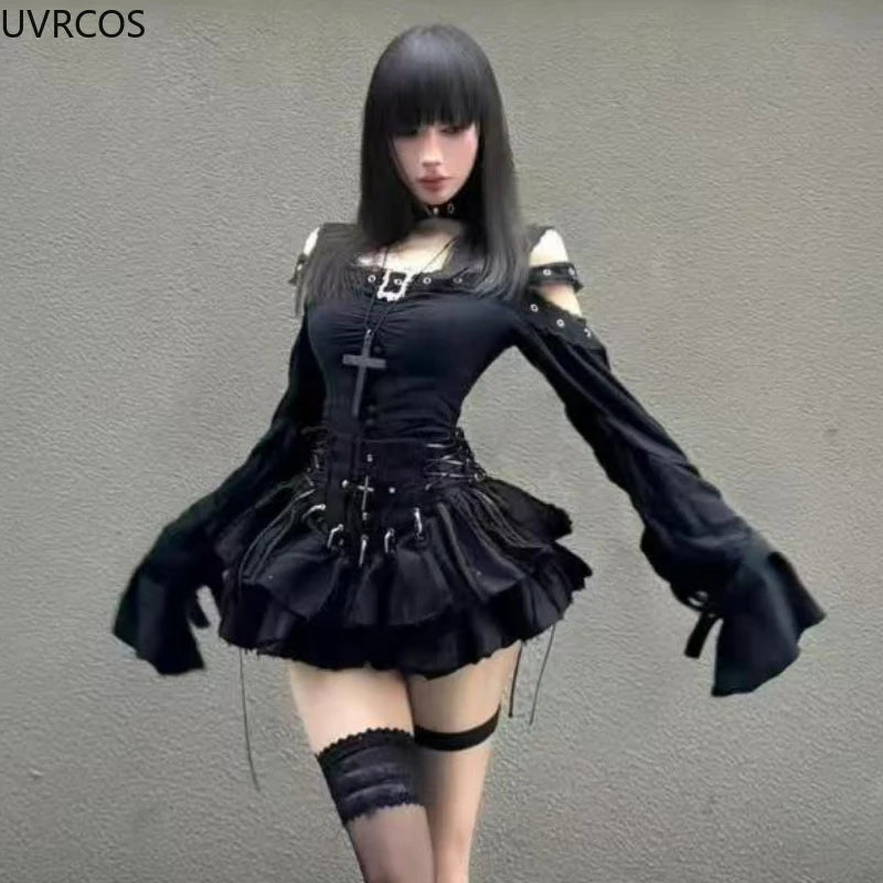 Jirai Kei Black Gothic Cross Lace Cold-Shoulder Mini Dress Set Secondary image