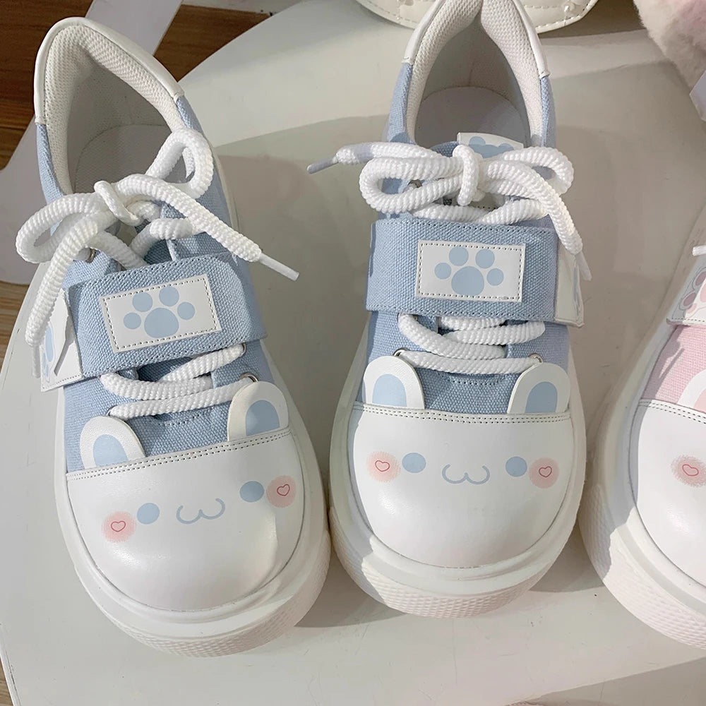 Jirai Kei Pink Cat Paw Platform Sneakers with Bunny Sock Charms Blue Shoptery
