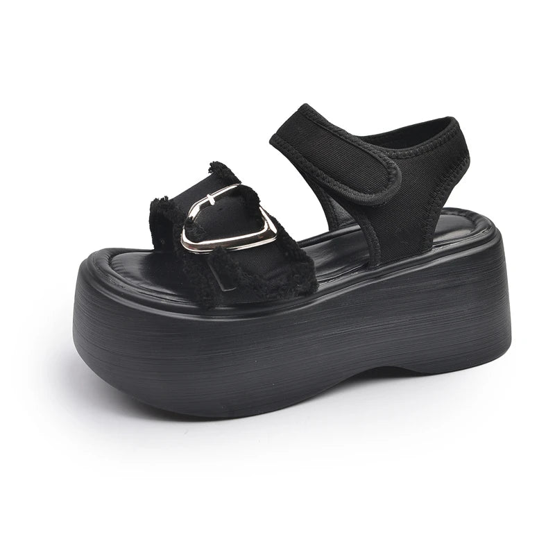 Aesthetic Y2k Denim Heart Buckle Sandals black Shoptery