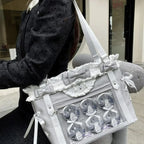 Jirai Kei Gothic Ita Tote Bag with Bows, Frills & Pearl Charms silver only bag Shoptery