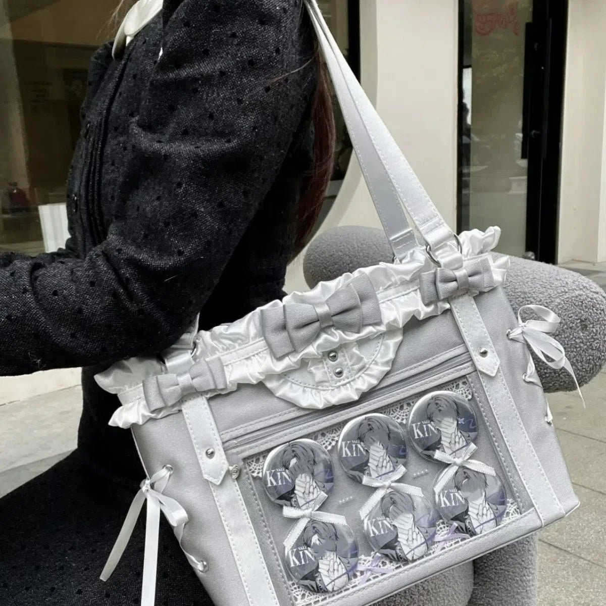 Jirai Kei Gothic Ita Tote Bag with Bows, Frills & Pearl Charms silver only bag Shoptery